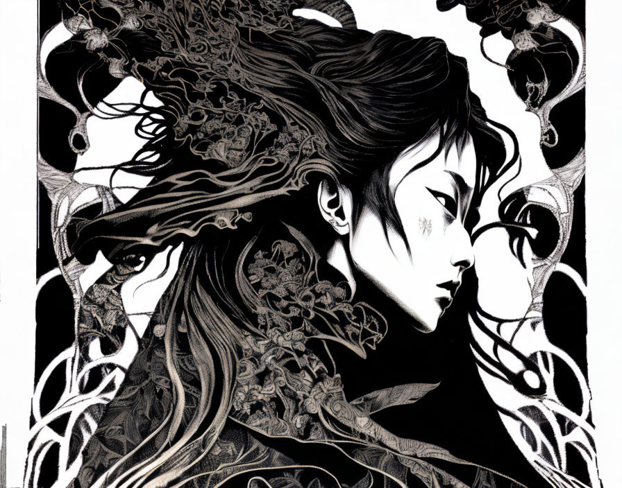 Detailed black and white illustration of woman with flowing hair and floral patterns