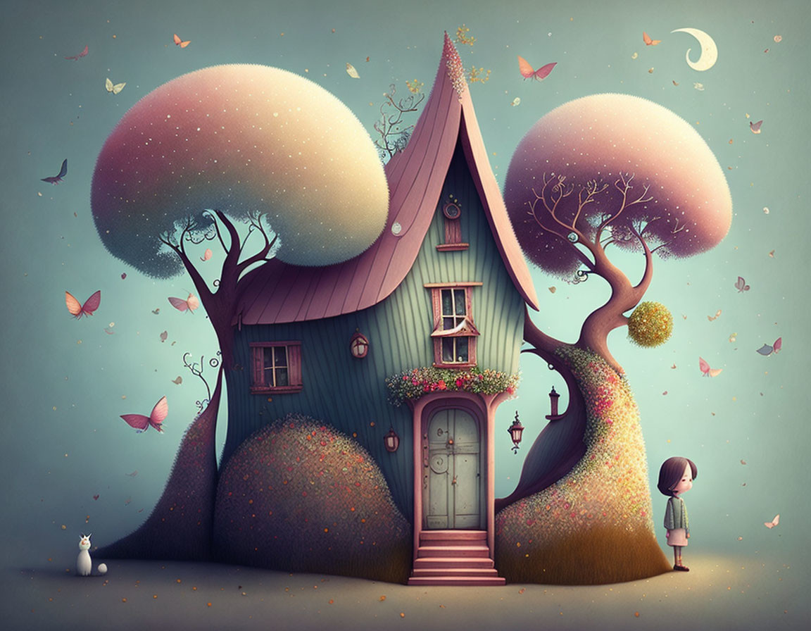 Whimsical girl and rabbit with fantasy house, trees, islands, and butterflies