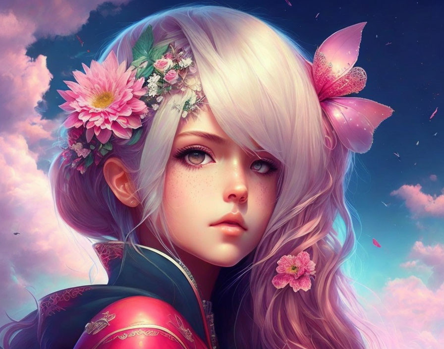 Illustrated girl with white hair, flowers, butterfly, vibrant pink and blue sky