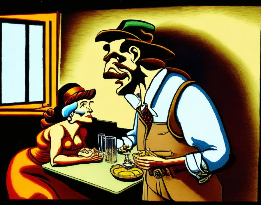 Cartoon woman at table with food, man in hat and vest speaking