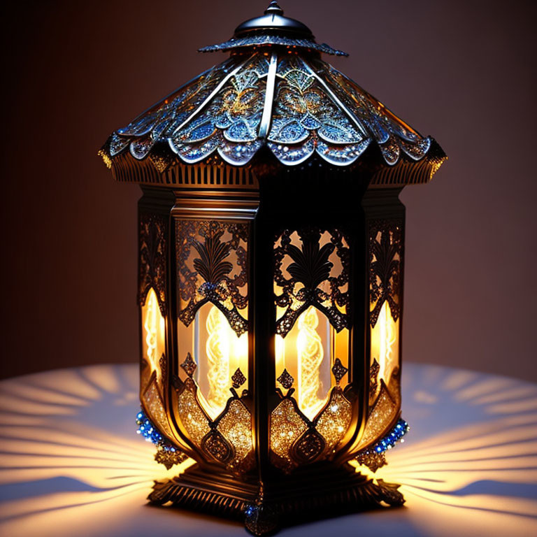 Ornate metal detailed traditional lantern with illuminated glass panels