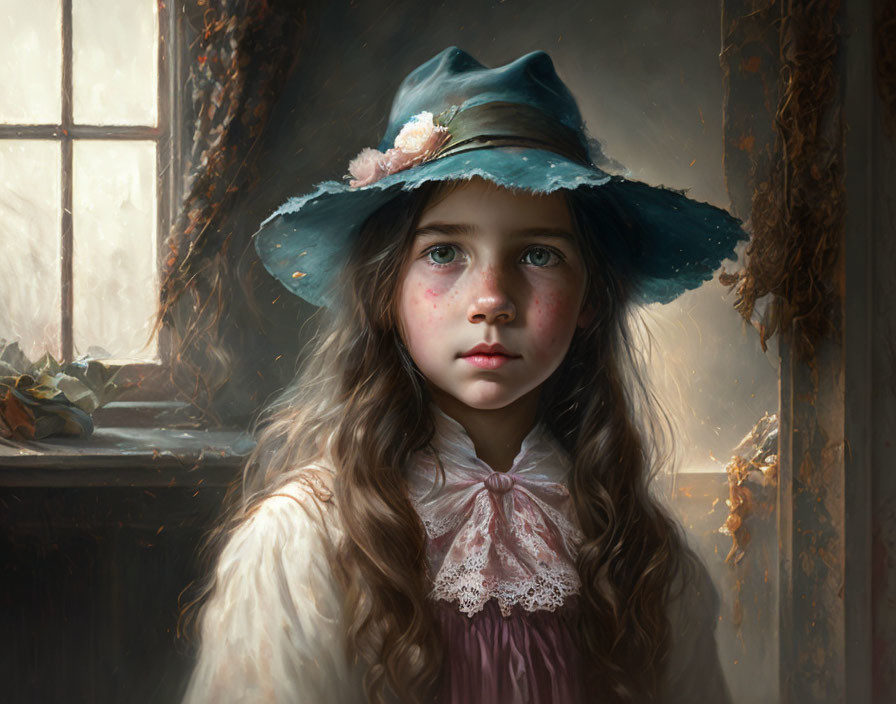 Young girl in vintage hat and lace-collared dress under soft window light