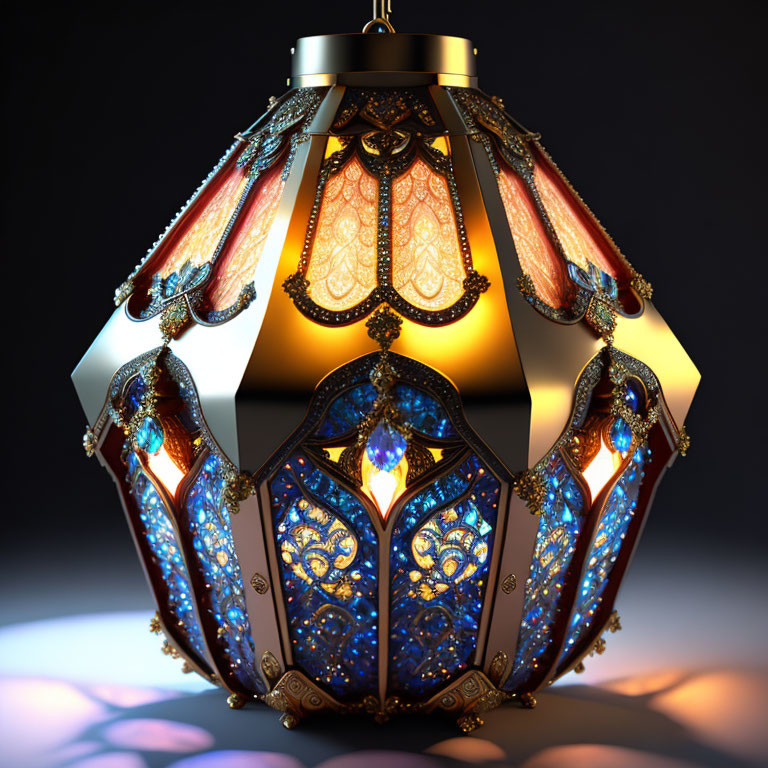 Colorful Stained Glass Lantern with Intricate Metal Detailing