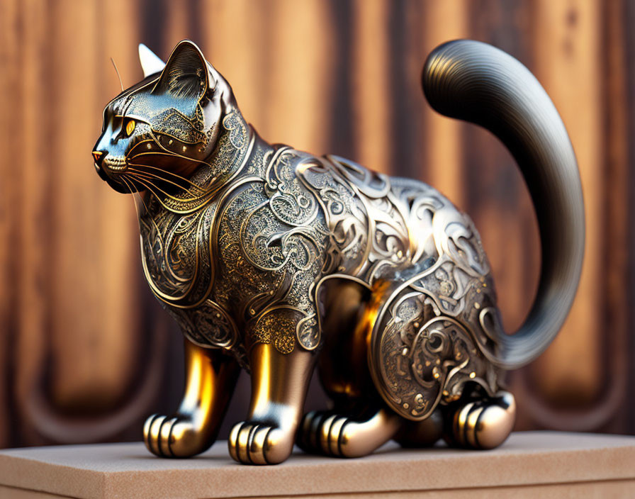 Intricate Metallic Cat Figurine on Wooden Stand