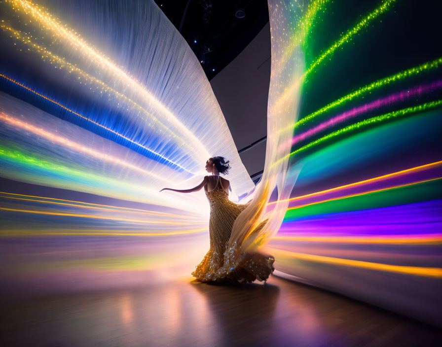 Vibrant long-exposure photo of woman dancing in glittering dress