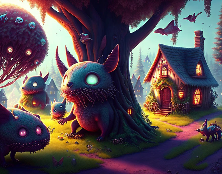 Whimsical night scene with glowing-eyed creatures near cozy cottage