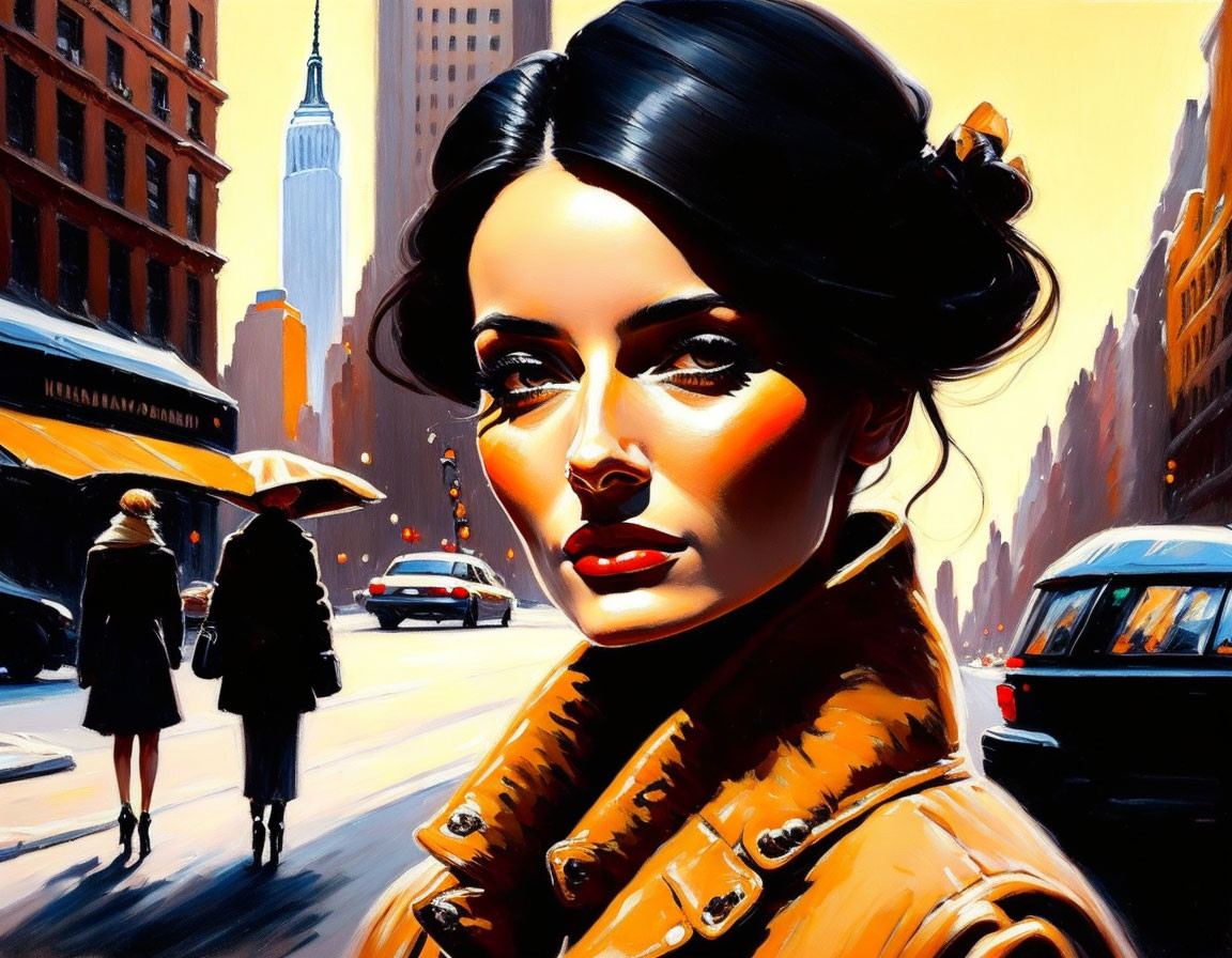 Stylized portrait of woman with dark hair and makeup on city street.