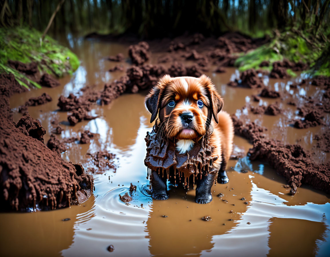 Brown and Black Puppy with Blue Eyes in Muddy Puddle