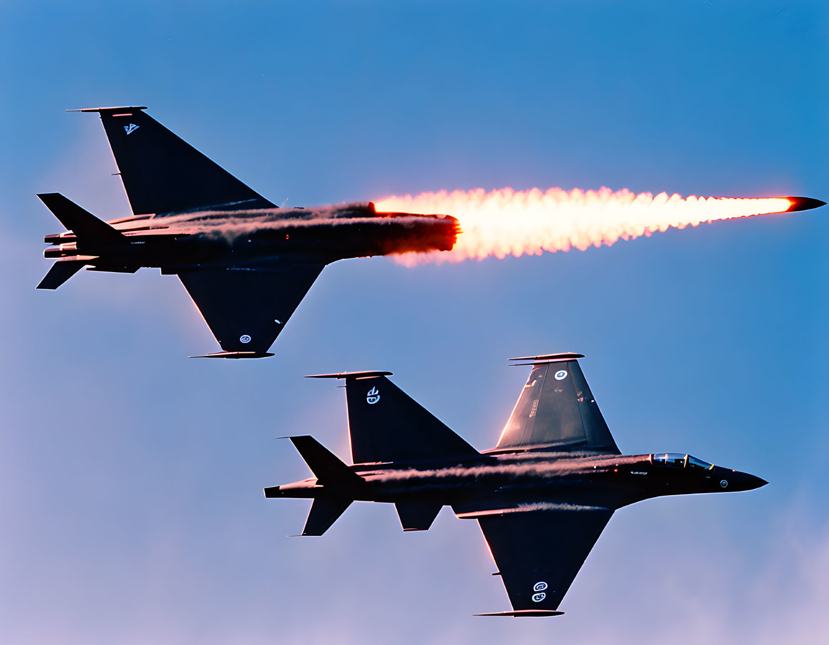 Fighter Jets Flying with Afterburners in Blue Sky