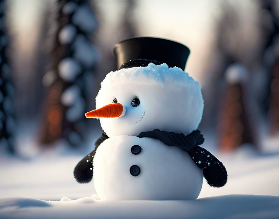 Cheerful snowman with carrot nose, top hat, and scarf in snowy landscape