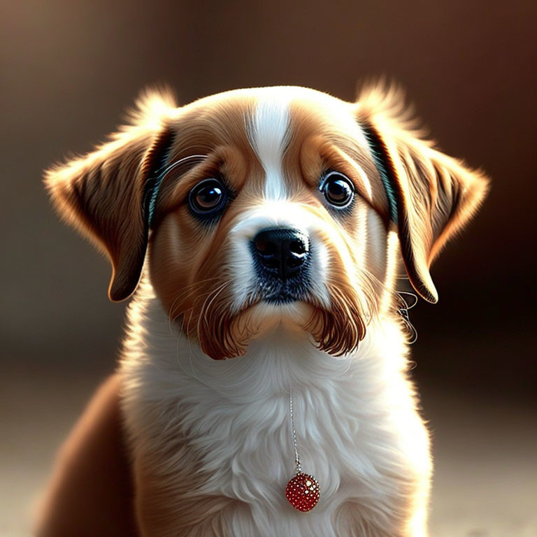 Brown and White Dog with Large Expressive Eyes and Red Pendant Collar on Soft-focus Background