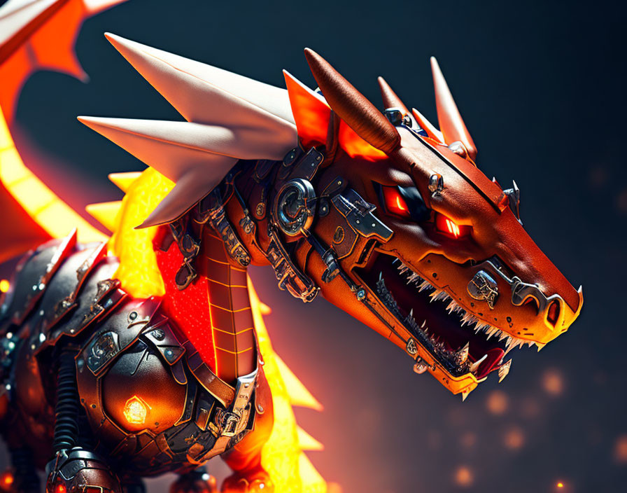 Mechanized dragon digital artwork with metallic spikes and fiery backdrop