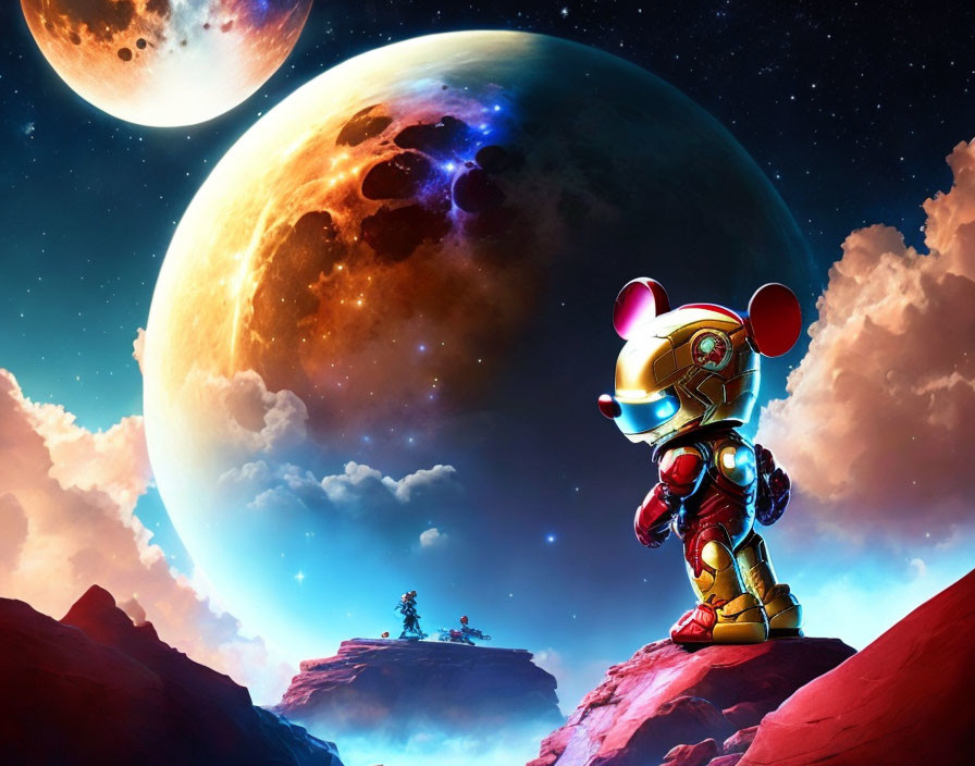 Colorful Space-Themed Illustration with Armored Bear and Moon