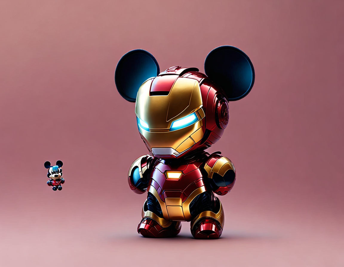 Stylized figure merges Iron Man's armor with Mickey Mouse's ears in bold pose on pink background