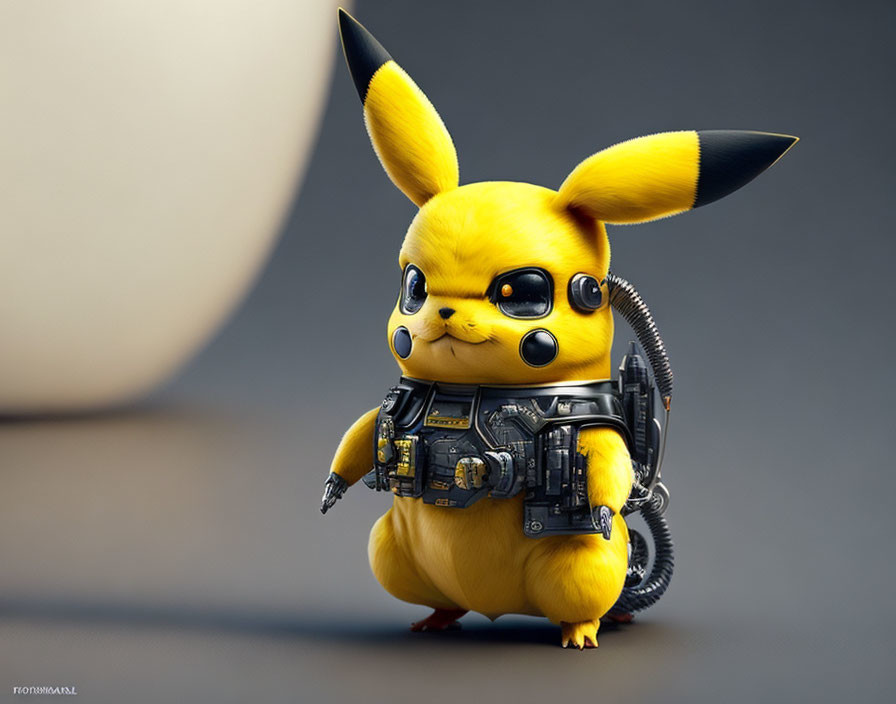 Digital artwork: Pikachu cyberpunk character with high-tech gear