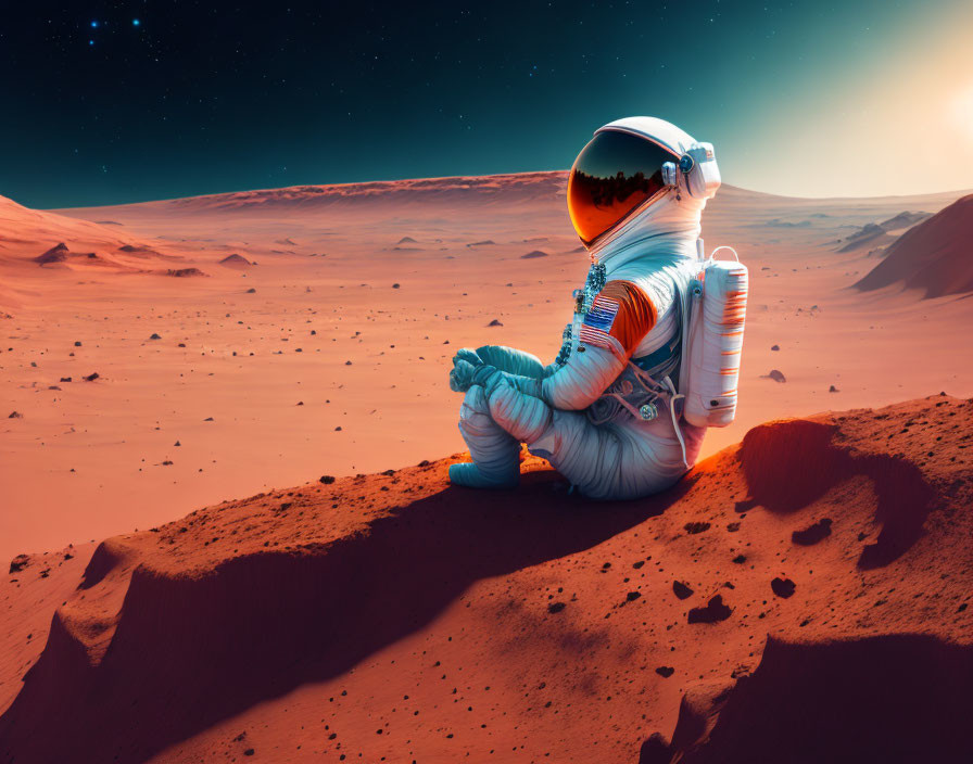 Astronaut in spacesuit on Mars observing sunset and starry sky