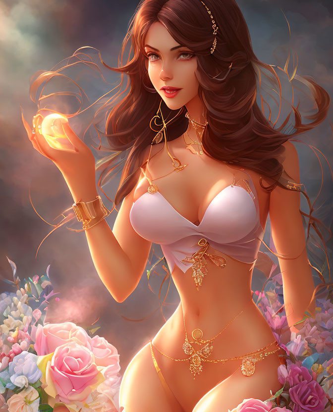 Woman with flowing hair in white crop top holding glowing orb among flowers