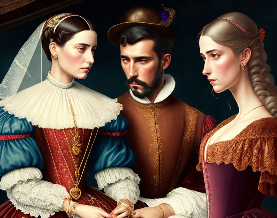 Digital painting of man with mustache in period outfit, accompanied by women in renaissance dresses.