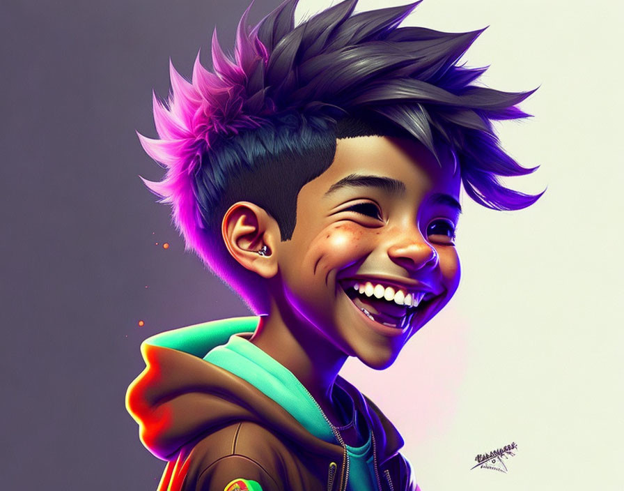 Colorful digital illustration of a happy boy with purple spiky hair and a hoodie