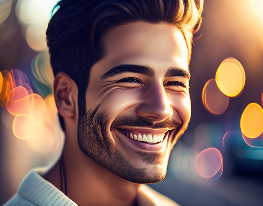 Cheerful man with stubble and wavy hair in colorful bokeh lights