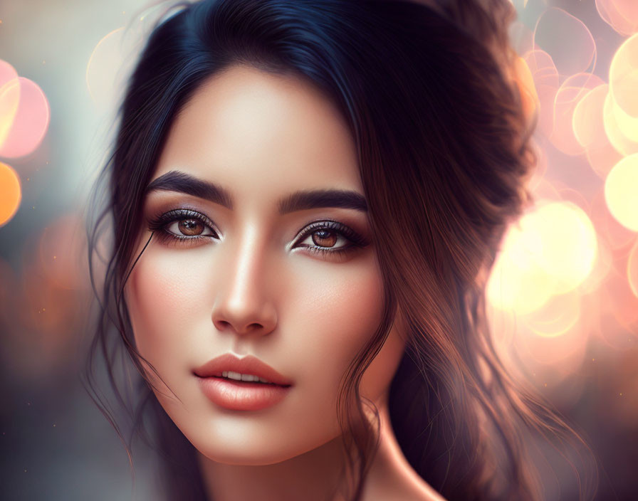 Portrait of woman with dark hair and dramatic eye makeup in glowing bokeh lights