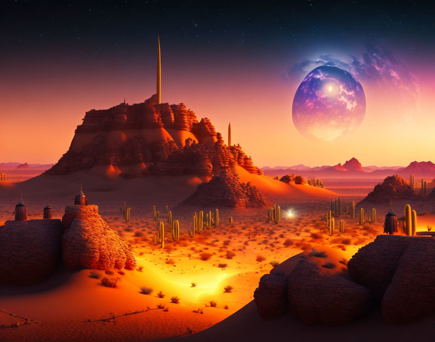 Twilight desert landscape with sand structures, cacti, and glowing alien planet