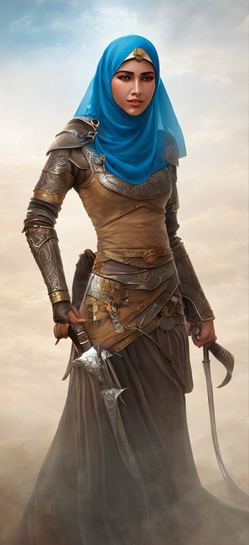 Fantasy warrior woman with blue headscarf and scimitar in ornate armor