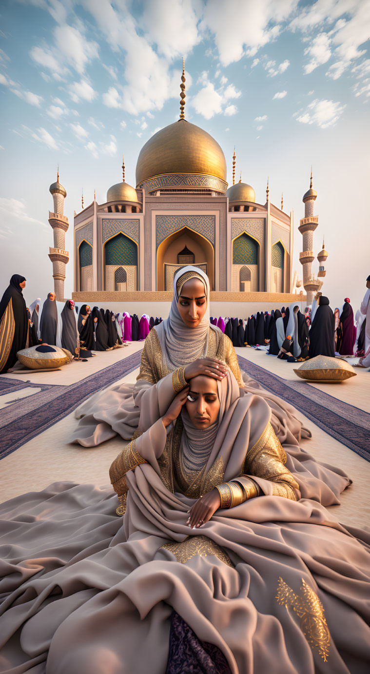 Two women in hijab at majestic mosque with golden dome and minarets.