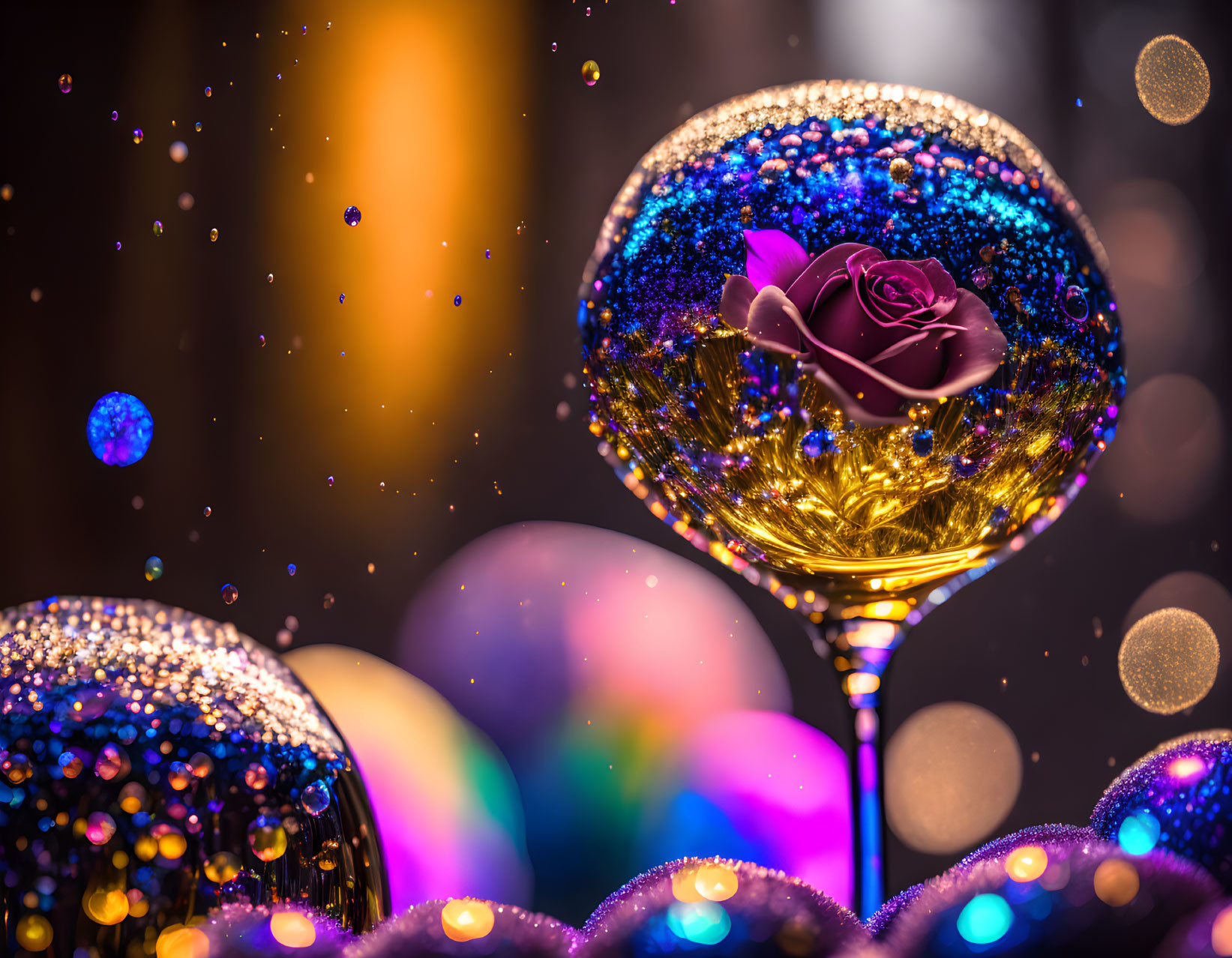 Rose in clear sphere with glittering orbs and bokeh lights.