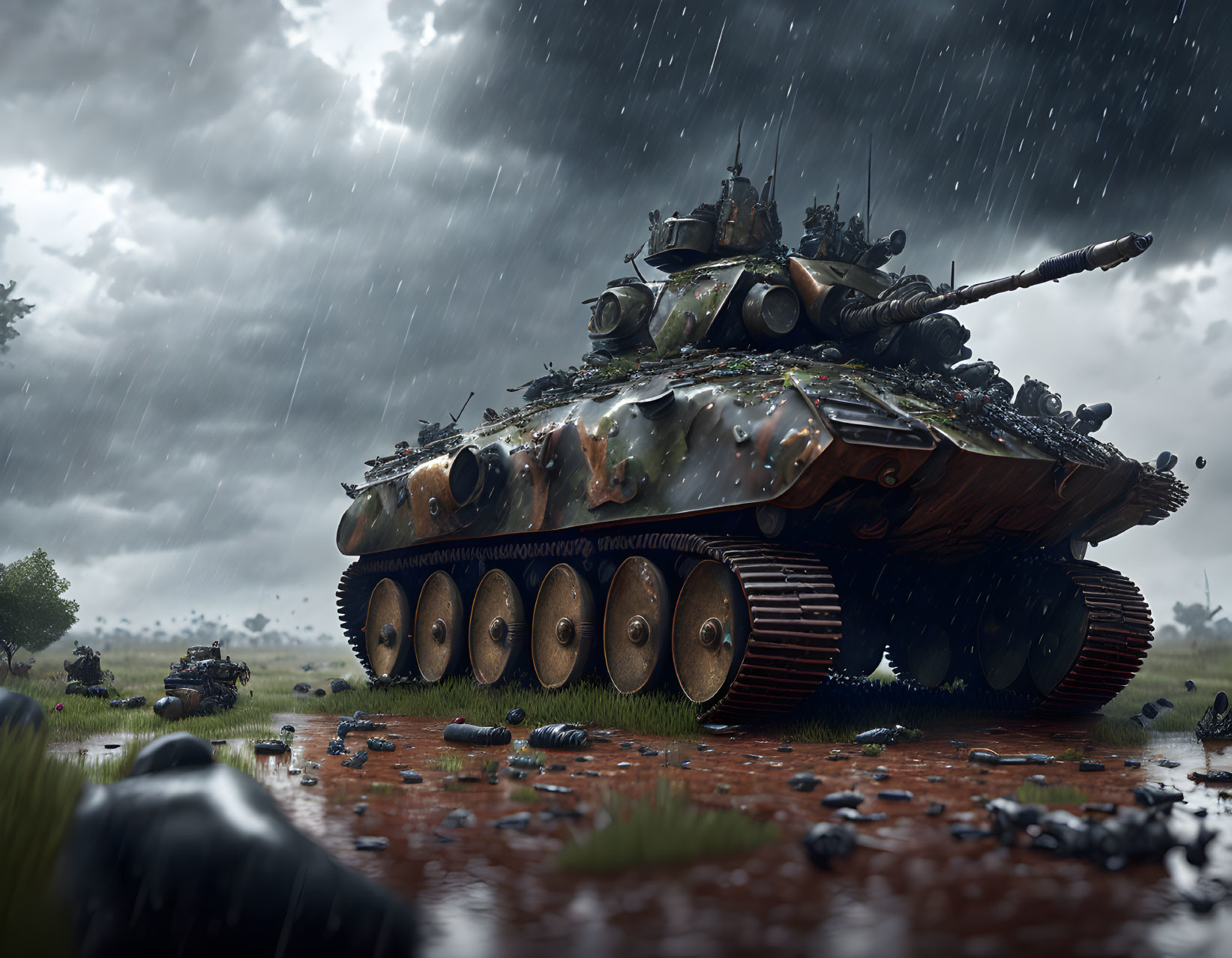 Camouflaged tank in rain-soaked field with other tanks in background