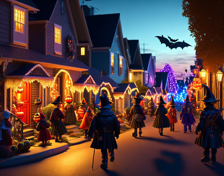 Decorated Halloween street scene with costumed figures and bat silhouette.