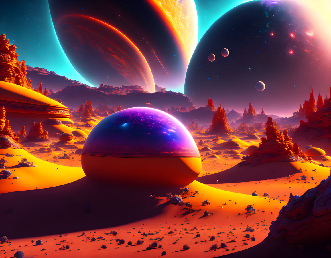 Orange Sci-Fi Landscape with Galaxy Sphere and Planets