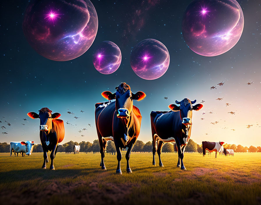 Twilight scene with cows, giant bubbles, planets, and flying birds