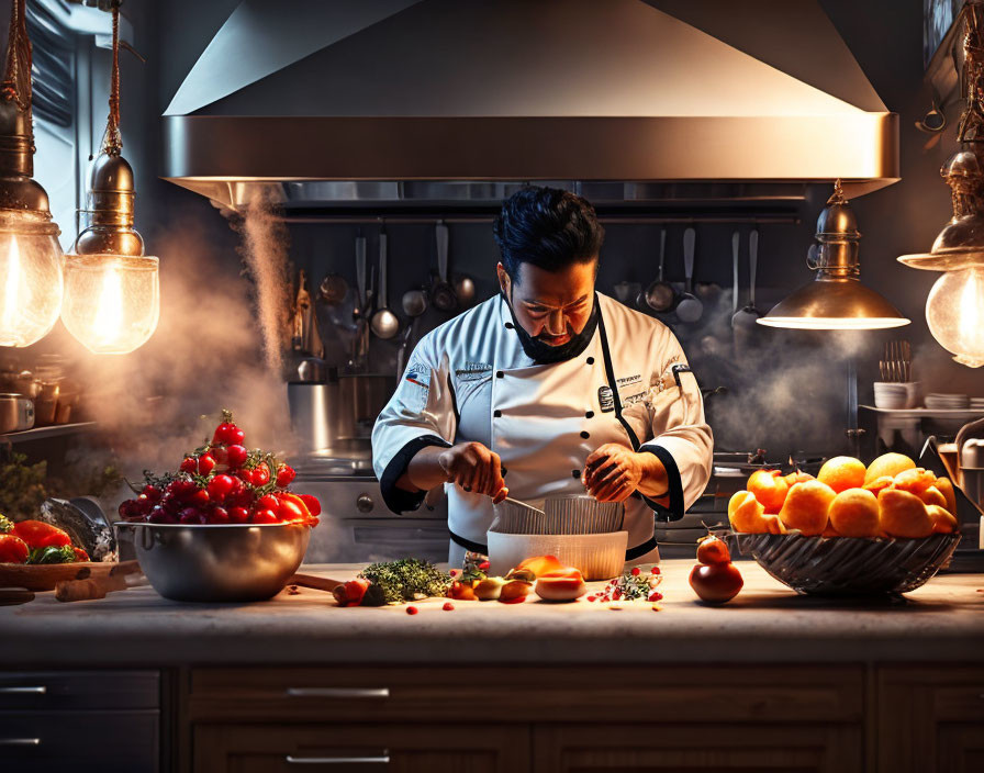 Focused chef chopping vegetables in dimly lit kitchen