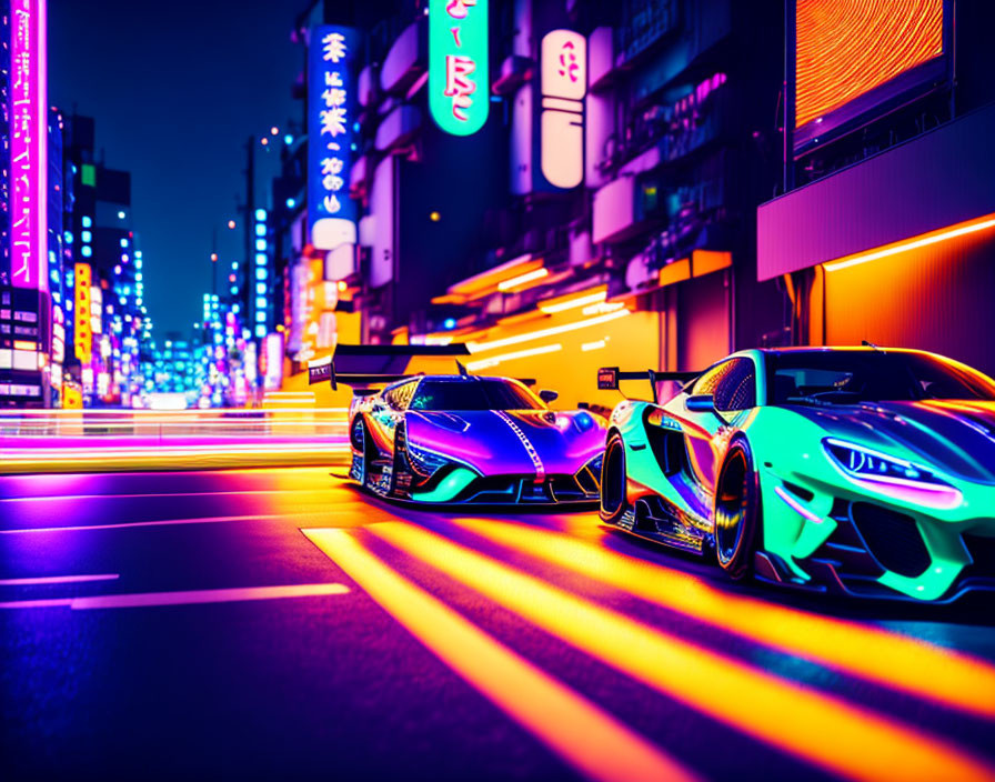 Neon-lit race cars on vibrant city street at night