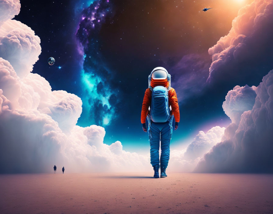 Surreal astronaut walking towards celestial horizon