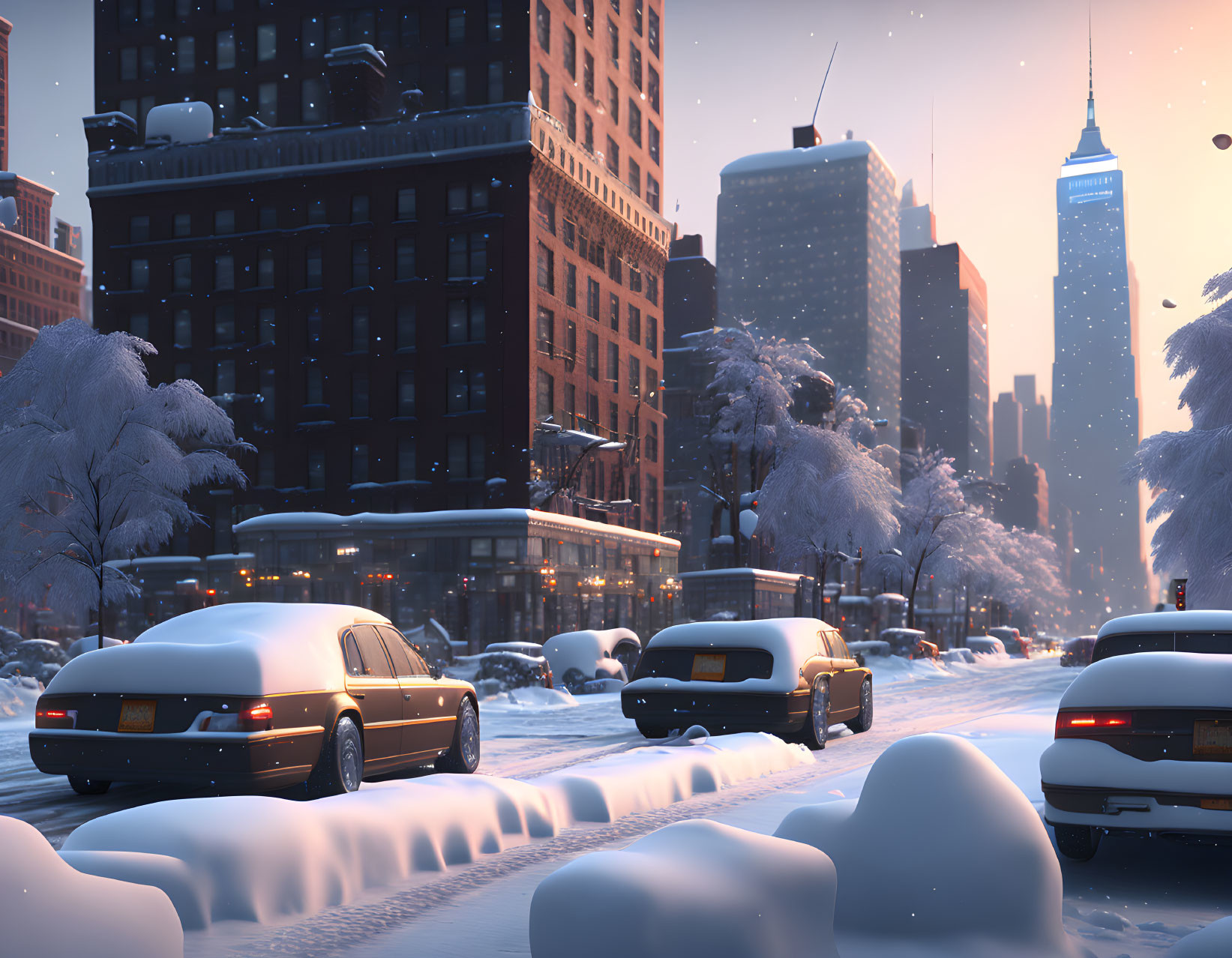 Twilight snow-covered city street with cars and buildings