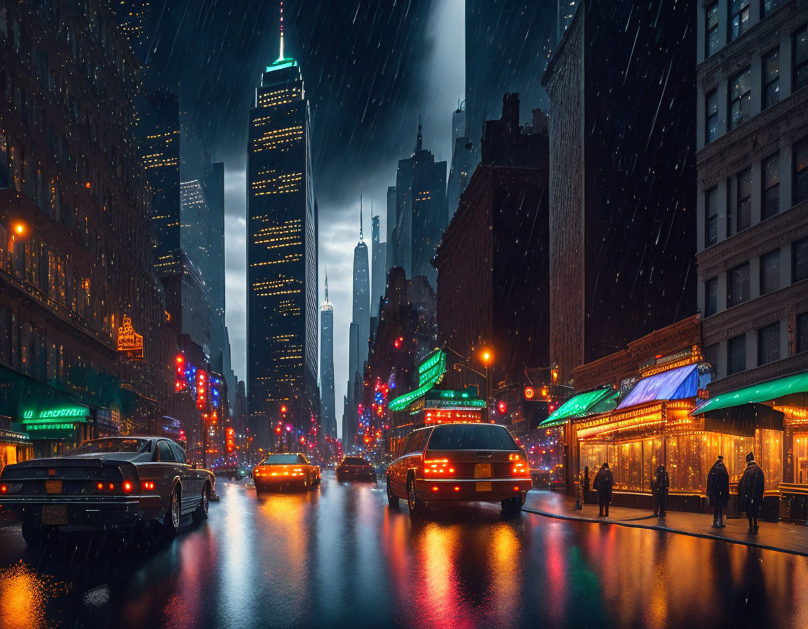 Vibrant city street scene with illuminated buildings, cars, and wet road reflections at night