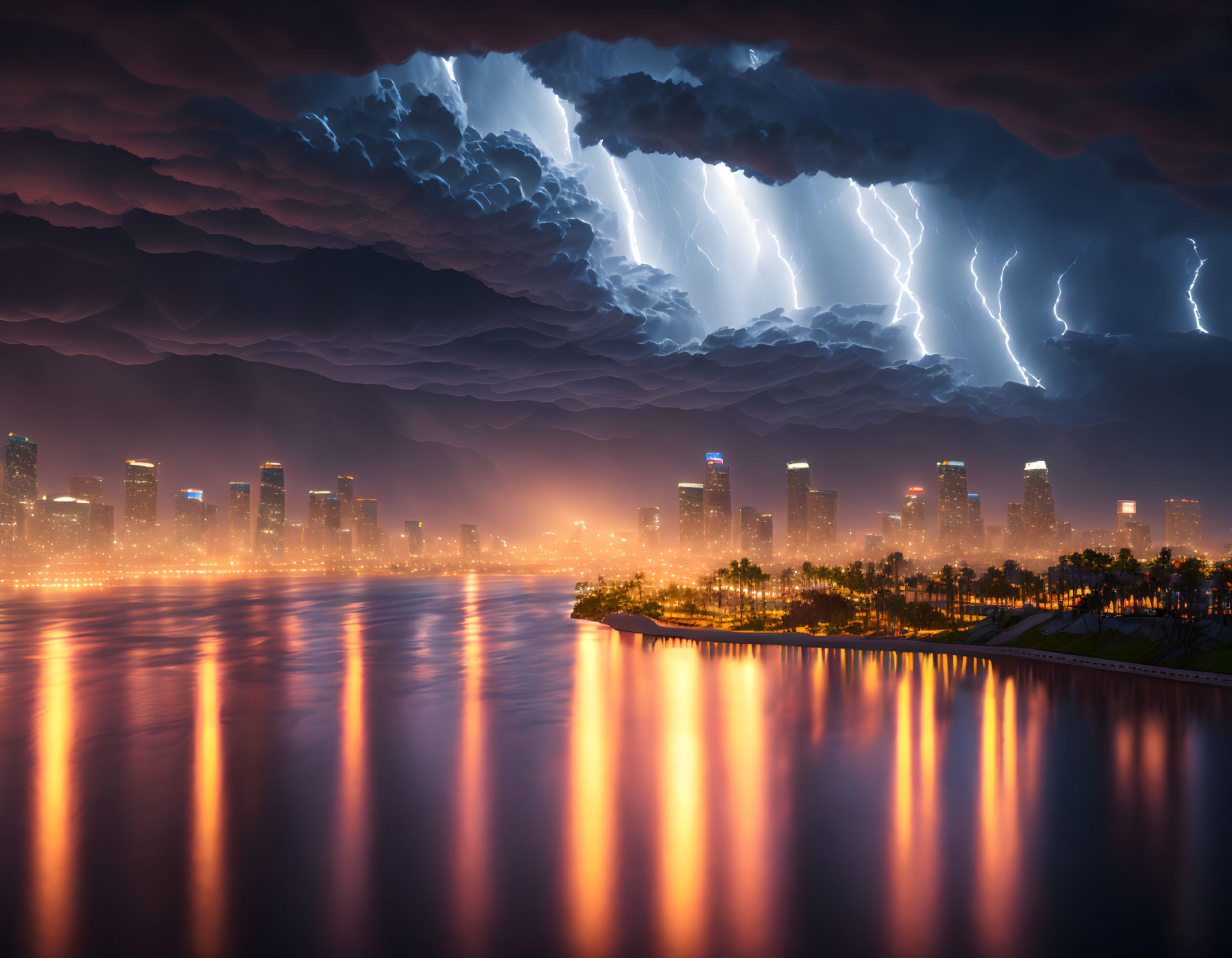 City skyline at night with lightning strikes and reflections on water.