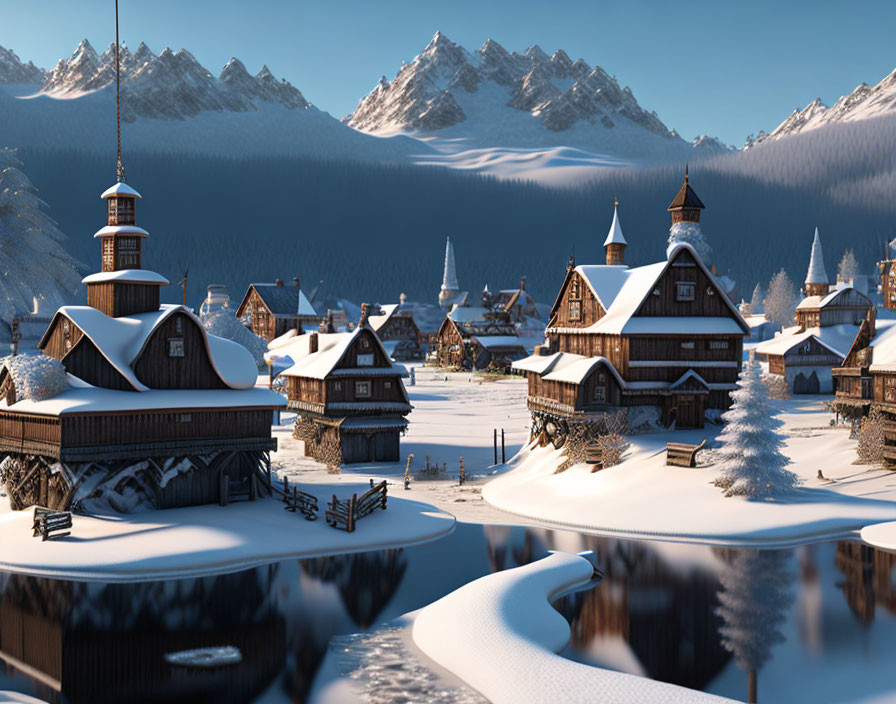 Snow-covered village with traditional wooden houses and church spire.