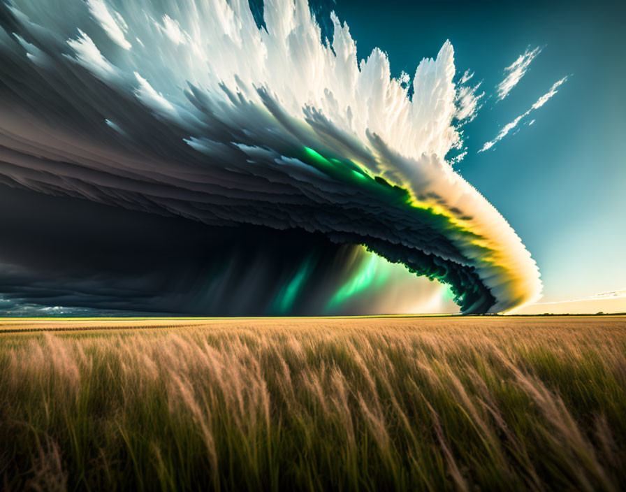 Dramatic surreal image: rolling wave cloud over wheat field