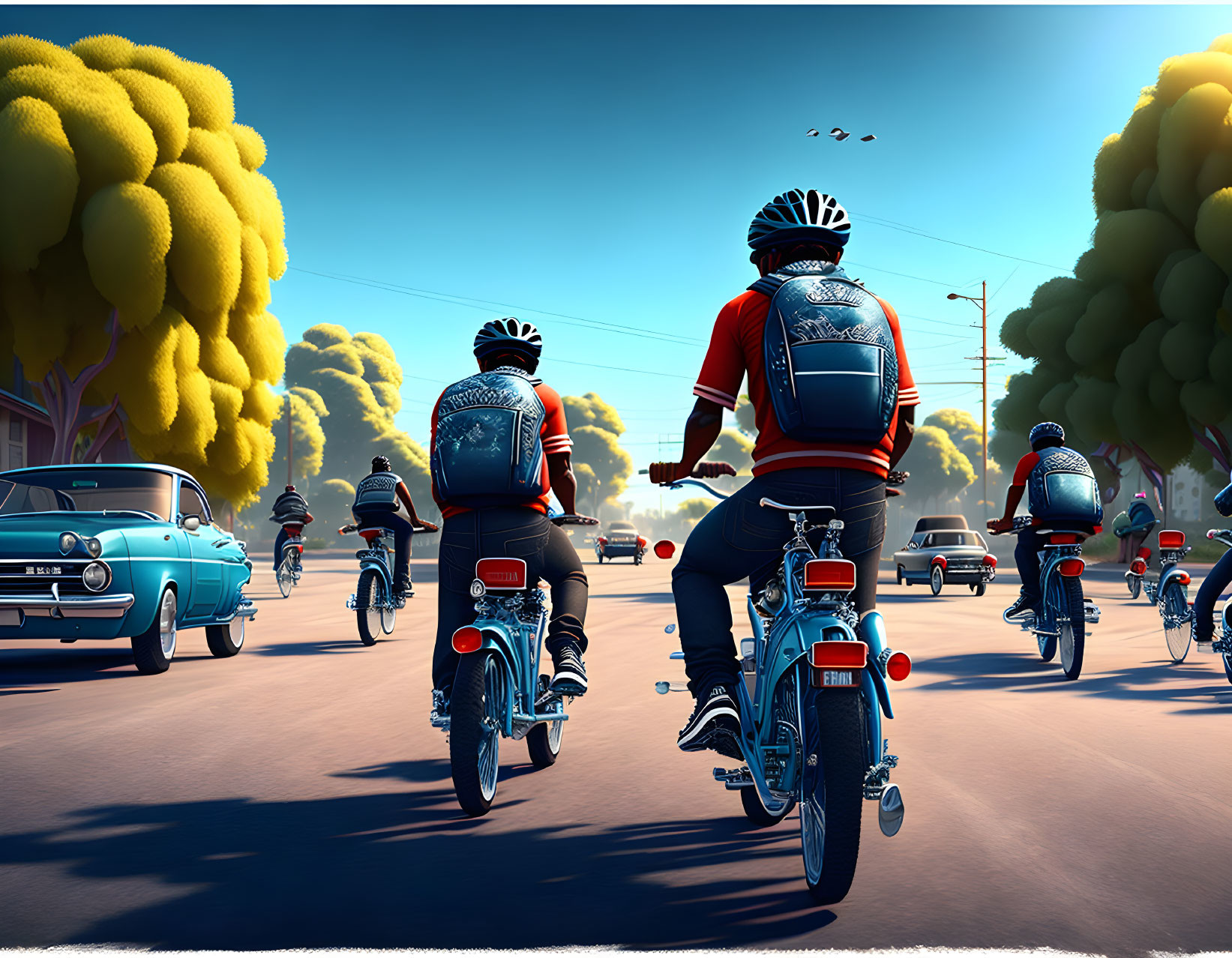 Vintage motorcycles and classic vehicles in stylized sunny scene