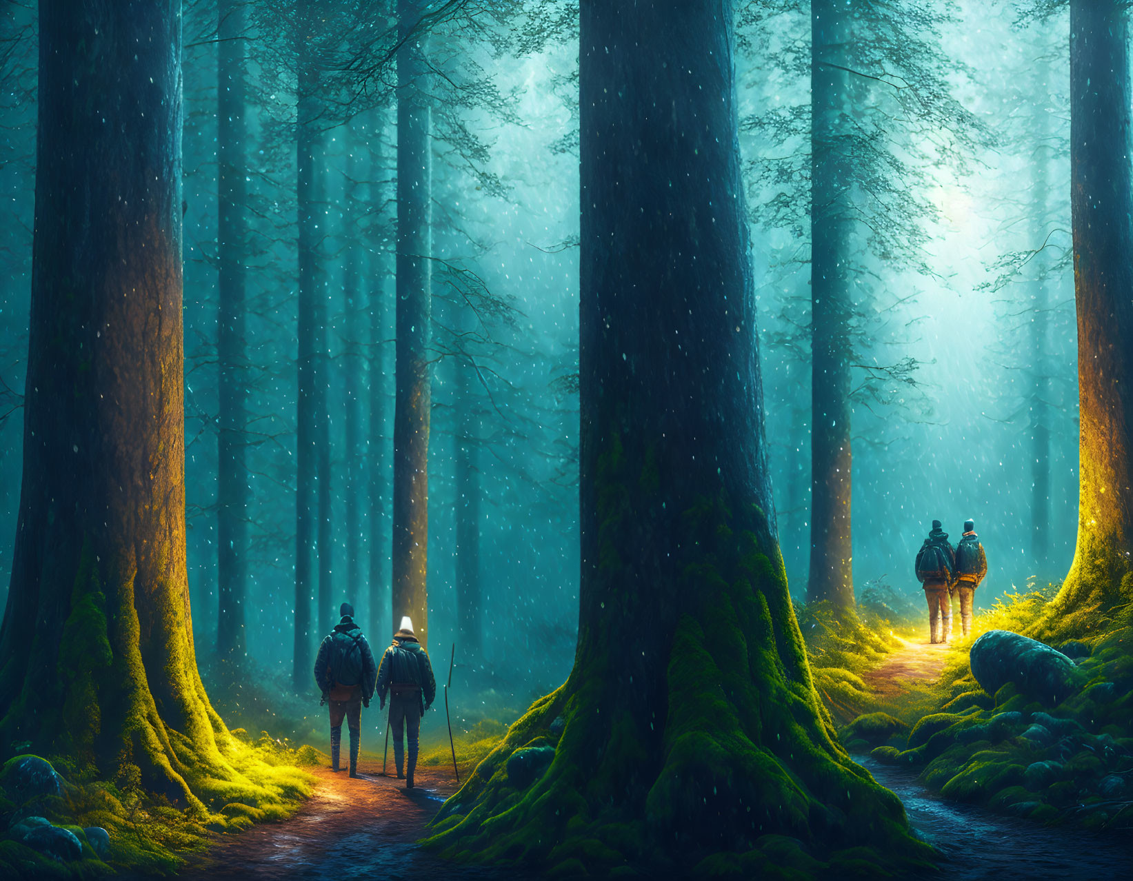 Mystical forest scene with two people and a horse amid towering trees, fog, and blue glow