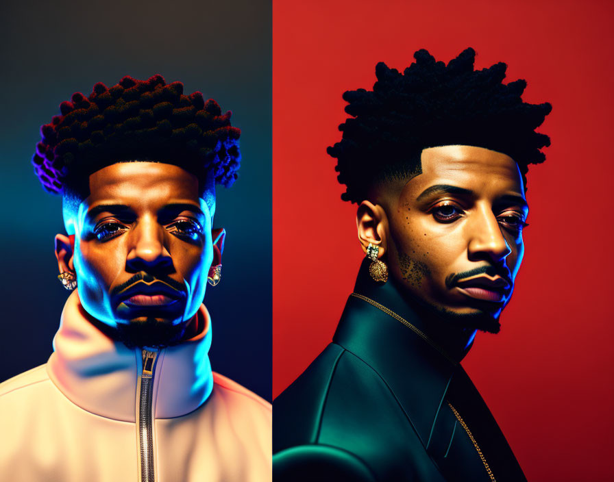 Split portrait of man with afro in cool and warm tones, contrasting lighting and expressions