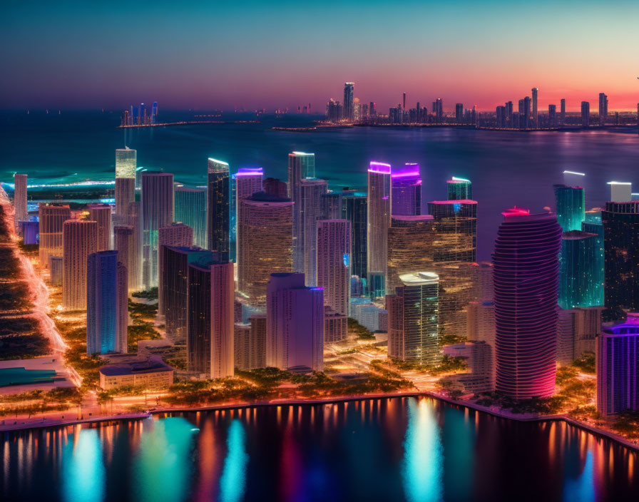 Twilight cityscape with illuminated skyscrapers and colorful lights by the waterfront