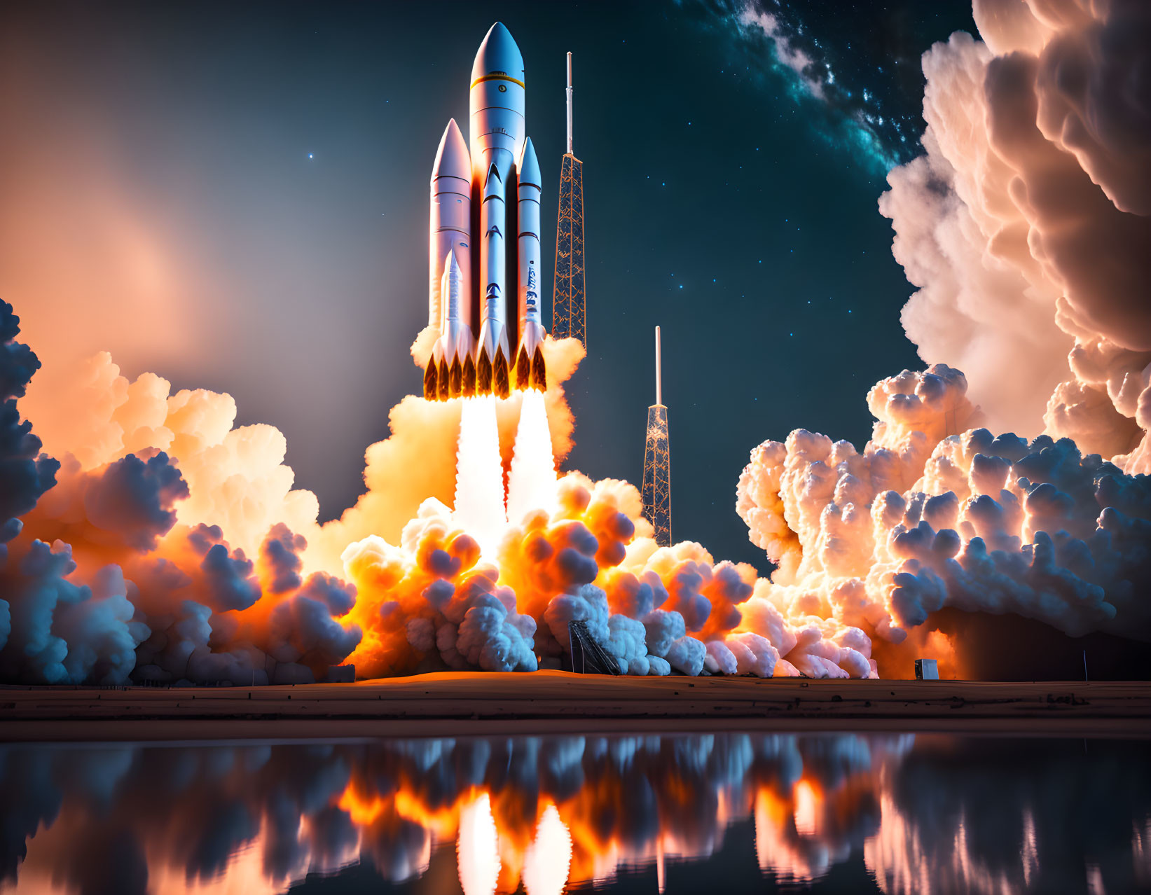 Space shuttle launch with fiery smoke and mirrored reflection on water at twilight