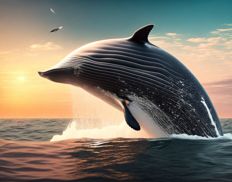 Humpback whale breaching at sunset with water cascading off its body