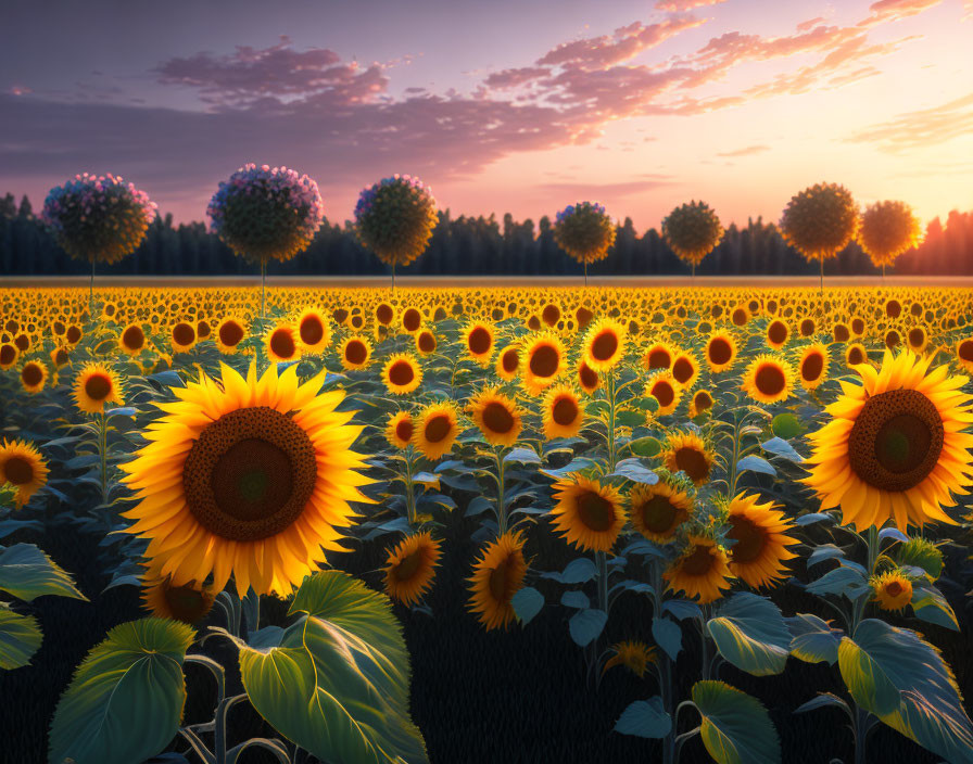 Colorful sunset over blooming sunflower field and forest.