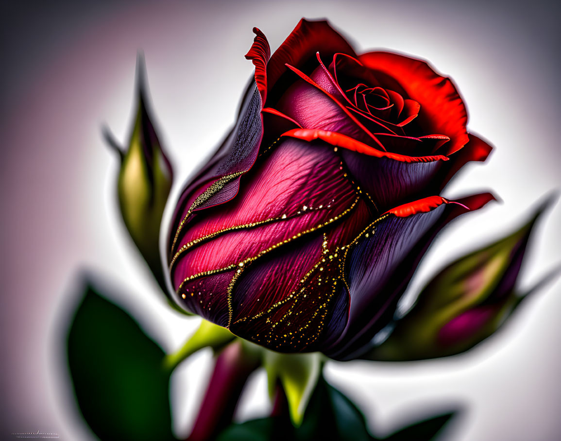 Vibrant red and purple rose with golden accents on soft background