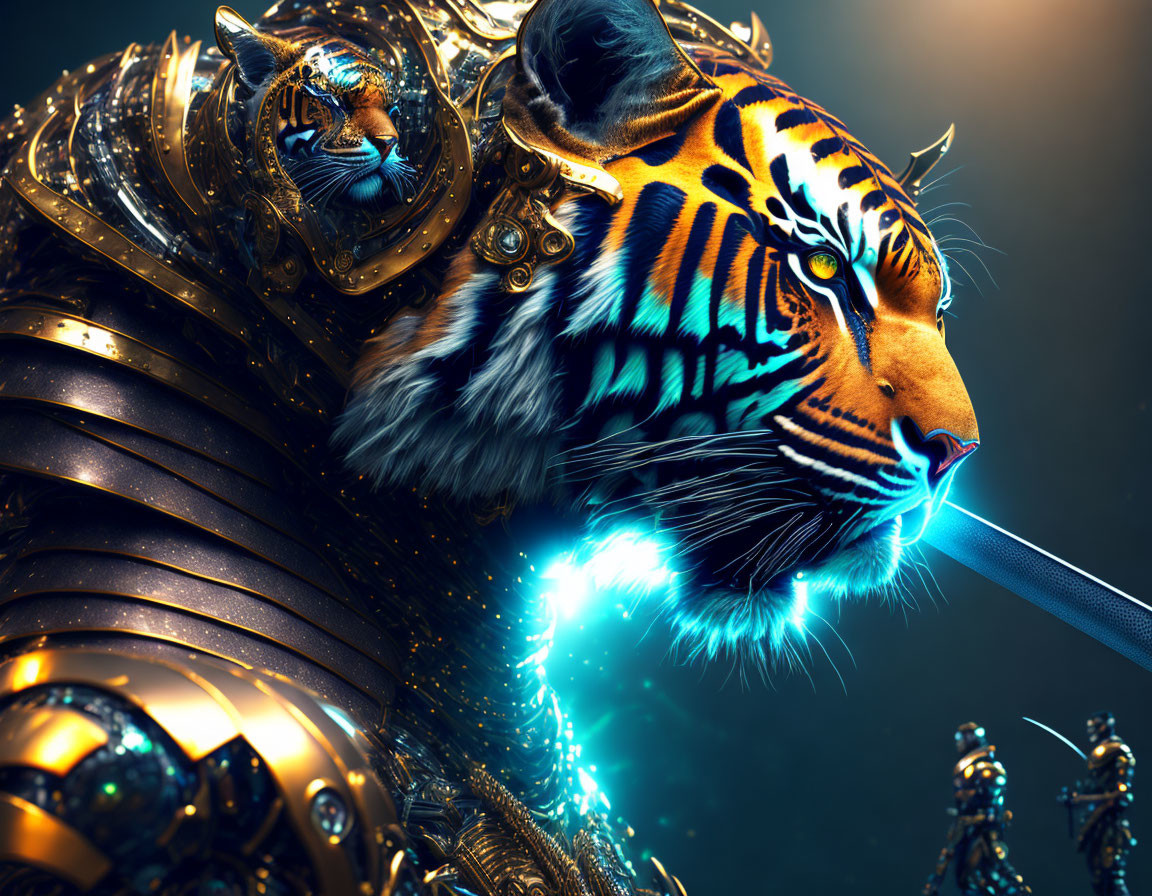 Armored tiger with cybernetic enhancements exhaling blue energy against dark background